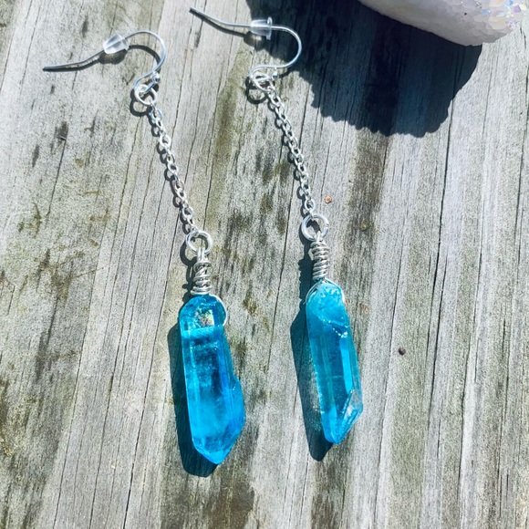 Aqua Quartz Crystal Dangle Earrings - Picture 6 of 6
